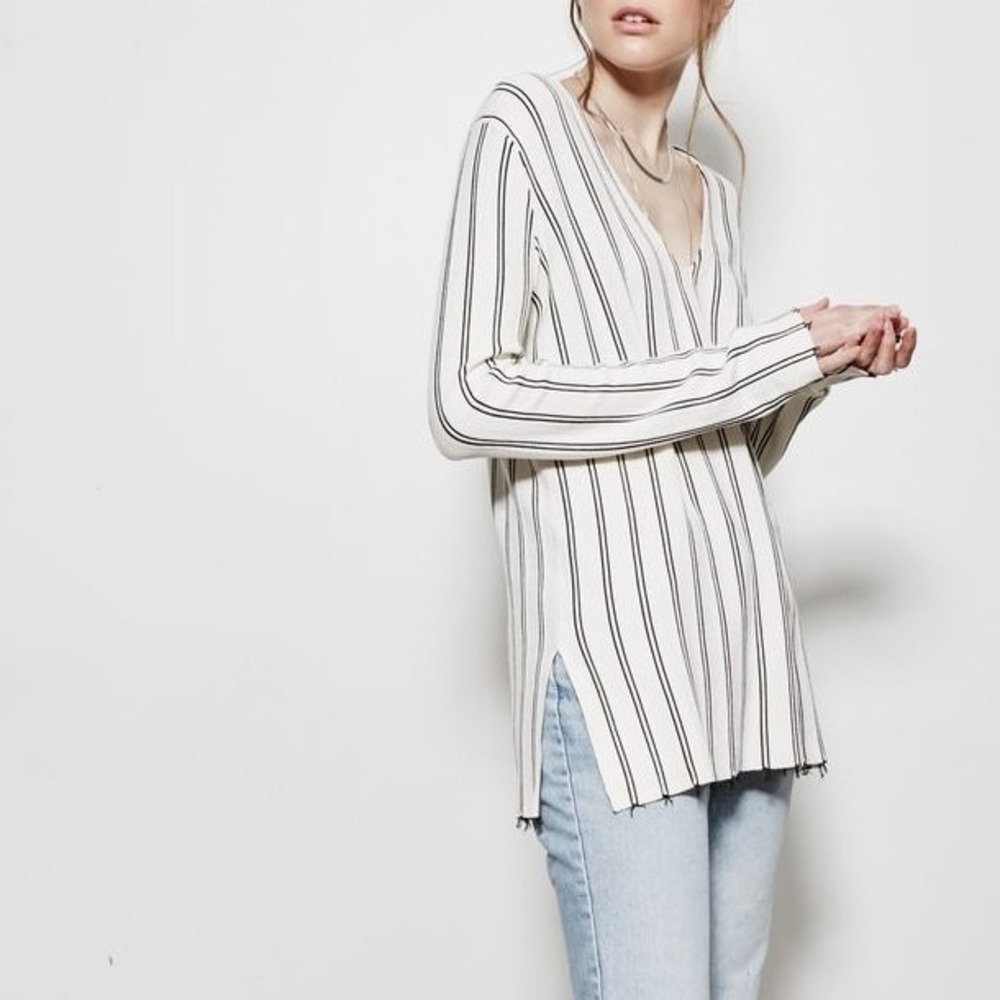 Theory Luxe Haydren Prosecco‎ Knit Stripe V-Neck Sweater Tunic Size Small